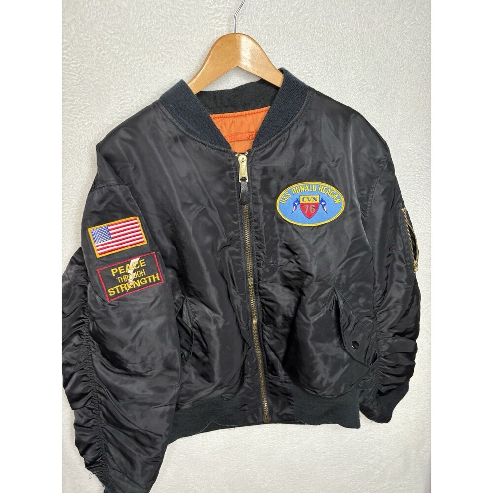 VTG Alpha Industries MA-1 Flyers Jacket Mens Large? Black Ronald Regan Patch USA